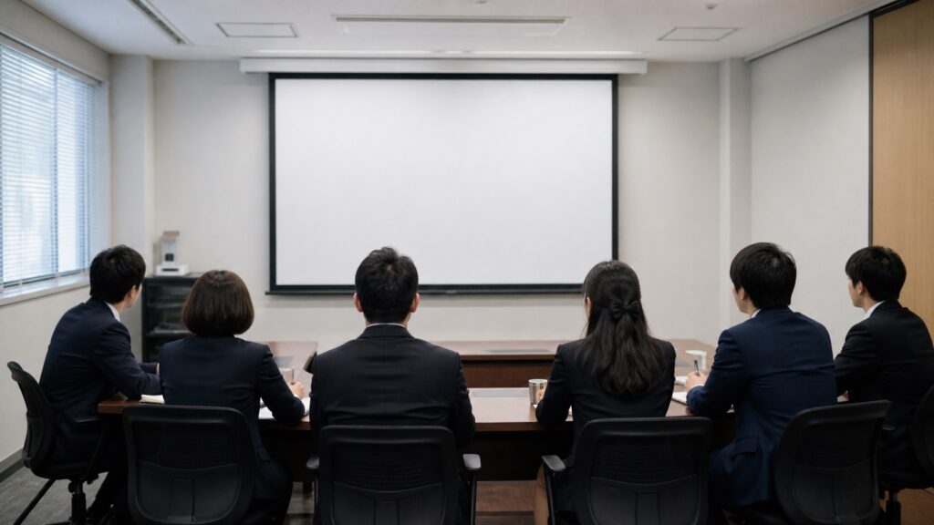 法人向けAI研修を会議室で受講する社員たち