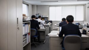 生成AIの情報漏洩リスクを検討する企業の執務室